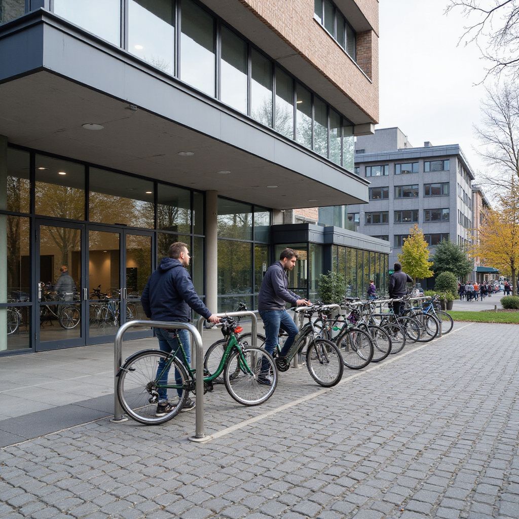 To personer på sykler parkert foran en bygning med glassdører og -vinduer.
