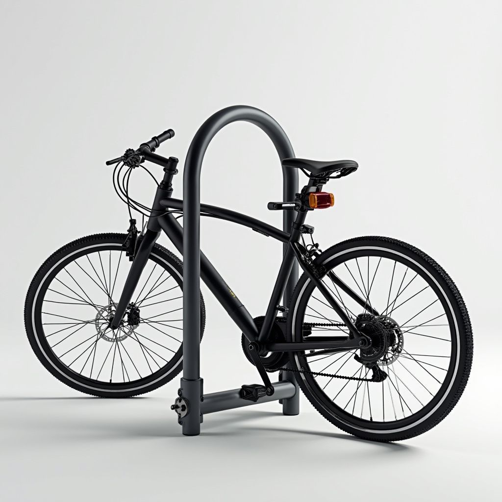 Svart sykkel låst til et svart U-formet sykkelstativ på hvit bakgrunn.