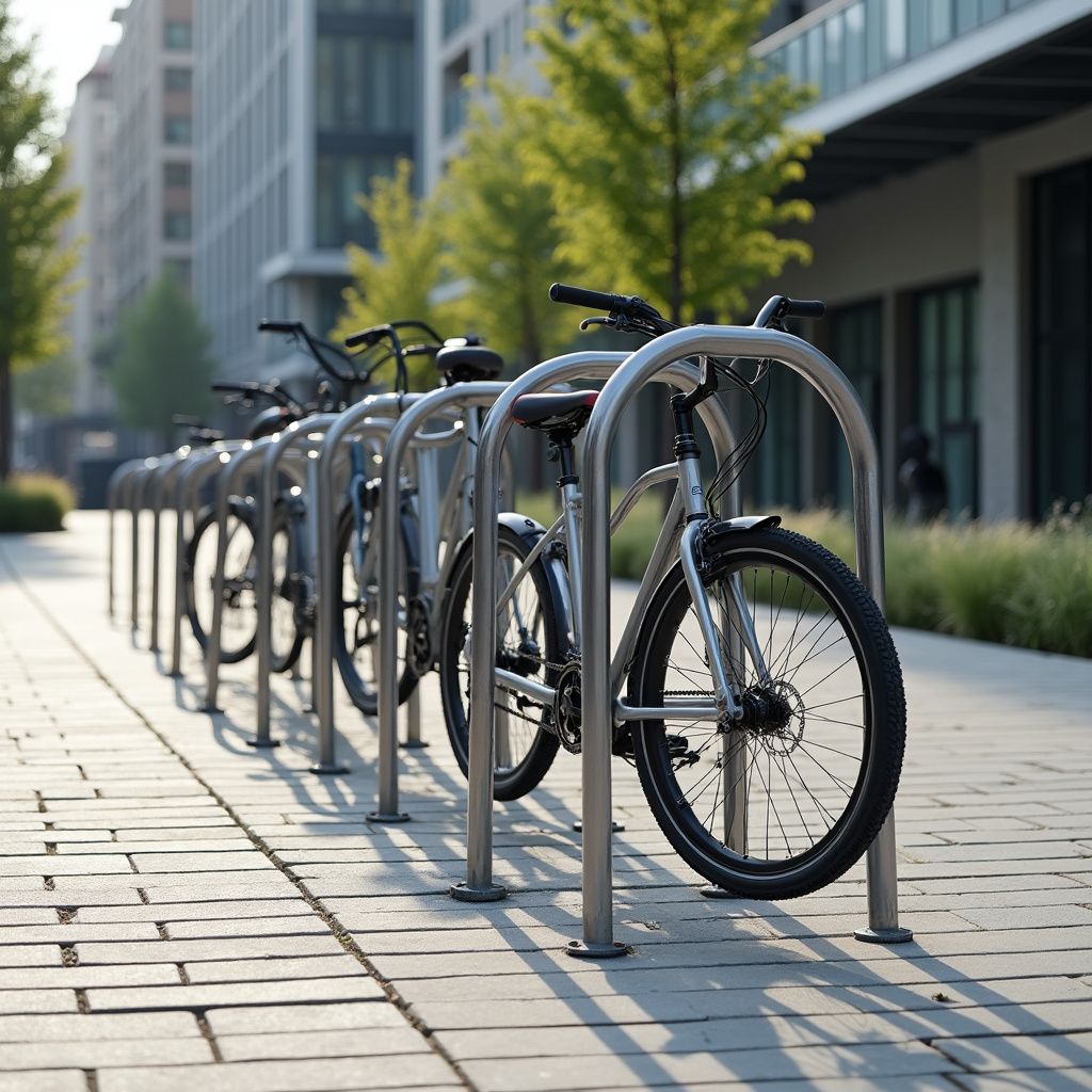 Sykler parkert på rad på et mursteinfortau ved siden av en bygning med vinduer.