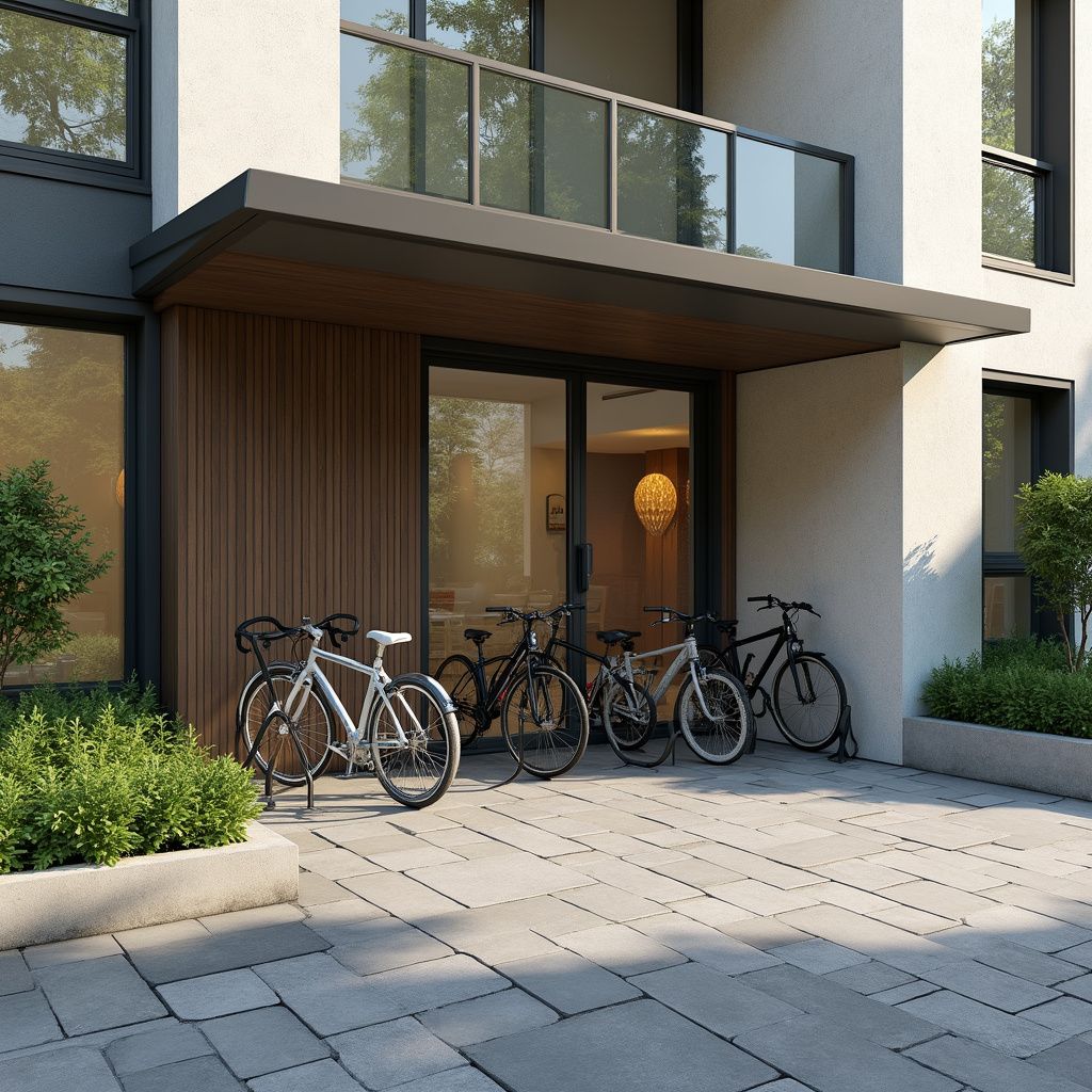 Inngang til en moderne bygning med sykler parkert foran. Grått fortau, trepanel og glassdør.