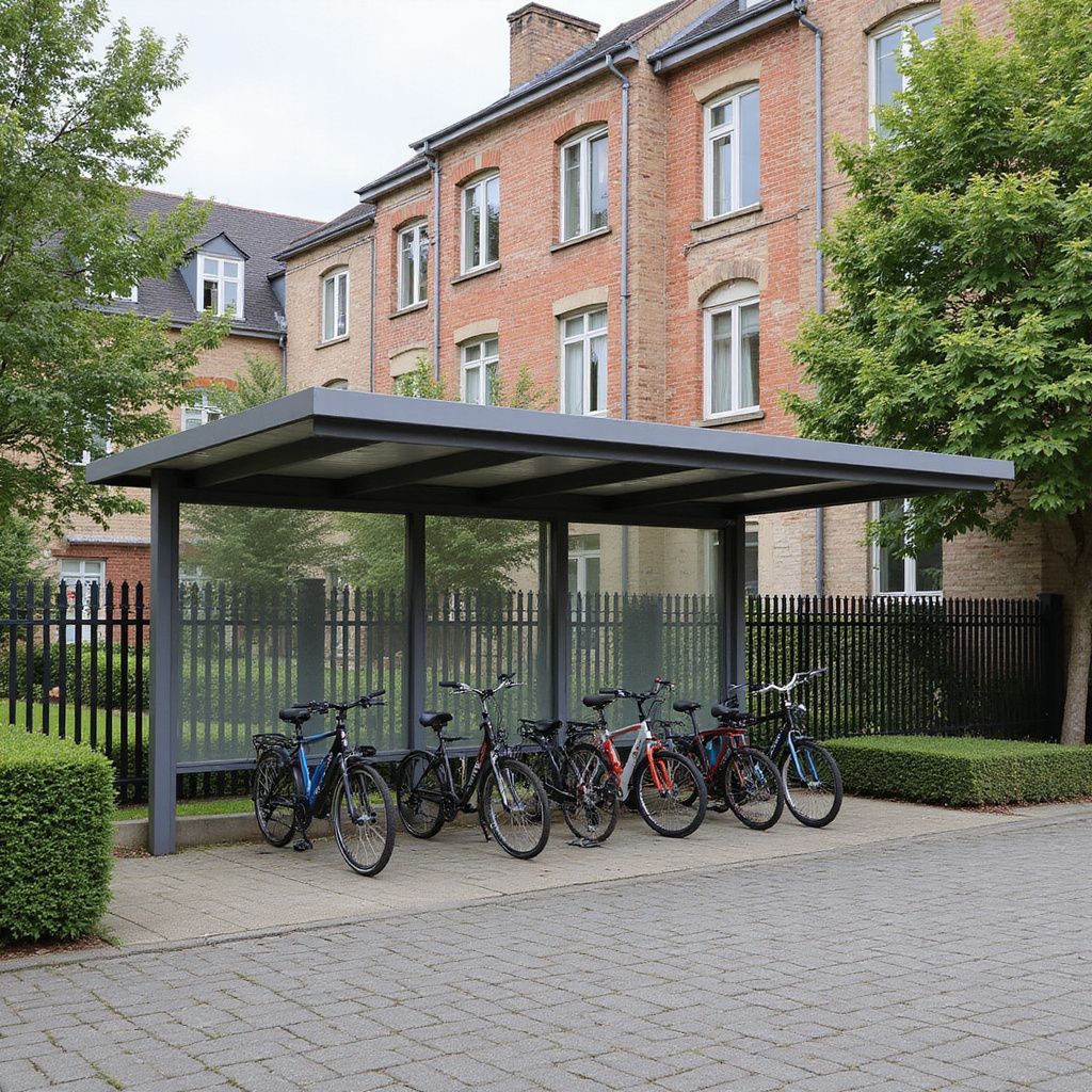 Sykler parkert under et grått, overbygd ly nær en murbygning.