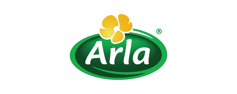 The arla logo is a green oval with a yellow flower on it.