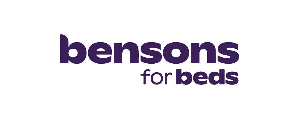 The bensons for beds logo is purple and white on a white background.