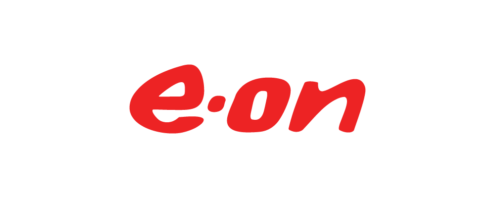 The eon logo is red and white on a white background.