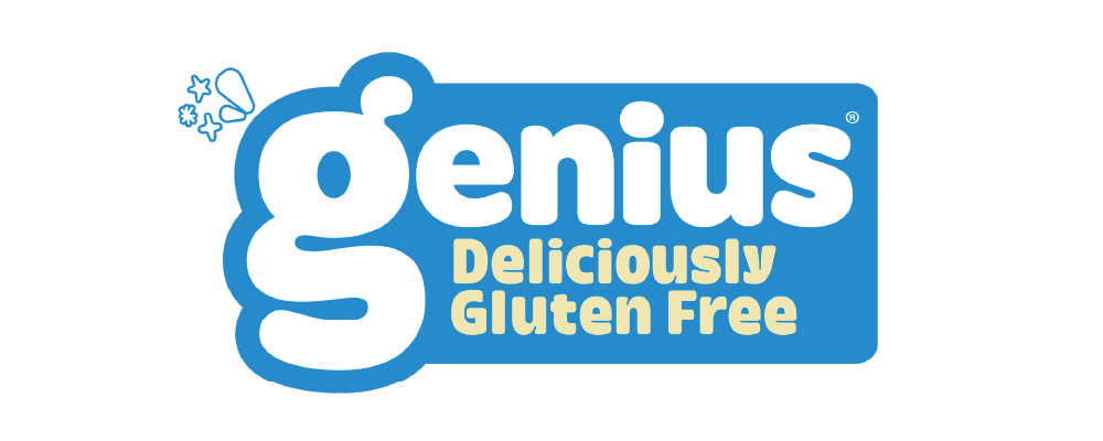 Genius deliciously gluten free logo on a white background