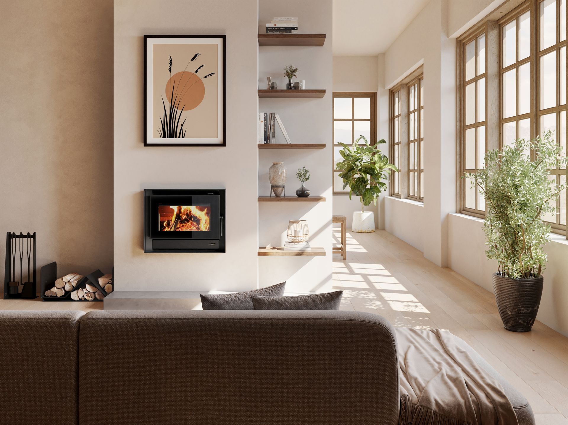 fireplace in brown wall