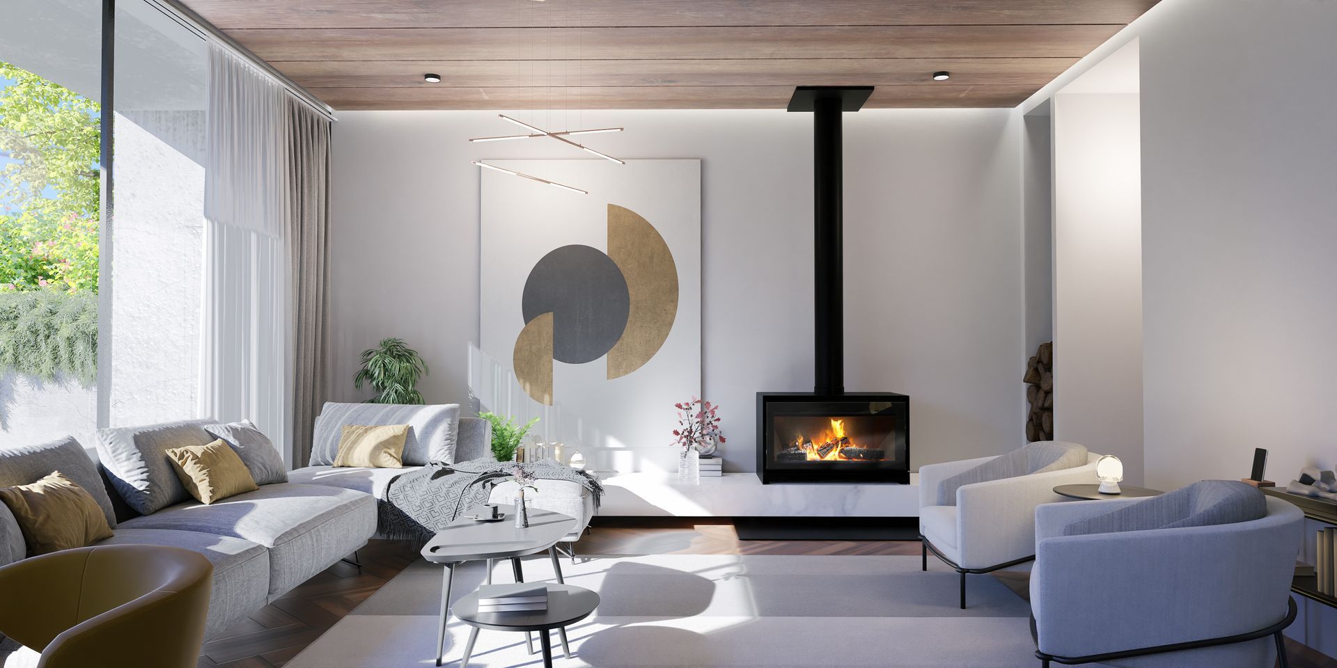 Indoor wood fireplace