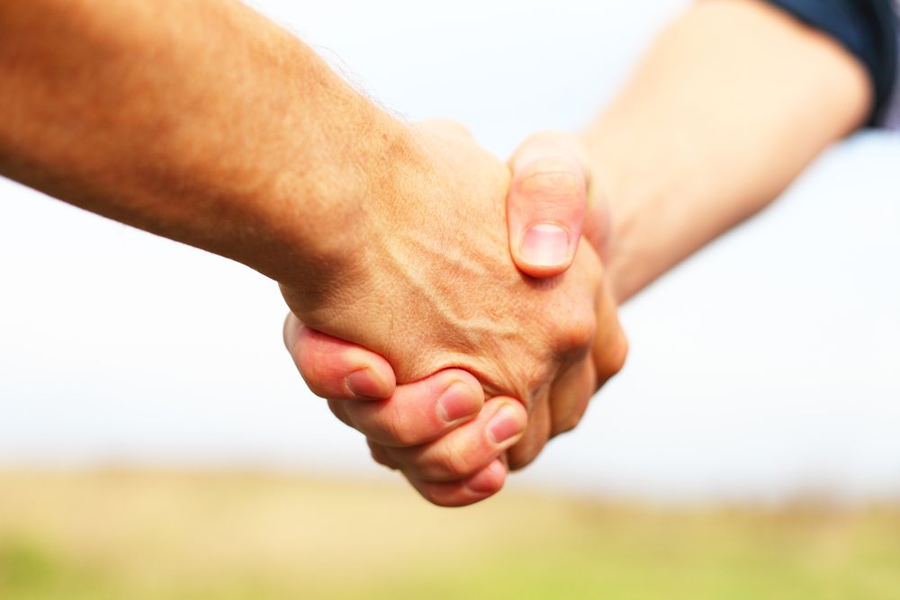 Two People Shaking Hands In A Field With A Blue Sky In The Background — Johnny Farming Company In Ooralea, QLD