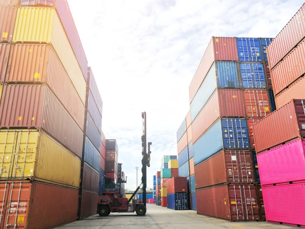 Shipping Containers Stacked in a Port, Forklift in the Center, Blue Sky — Johnny Farming Company In Ooralea, QLD