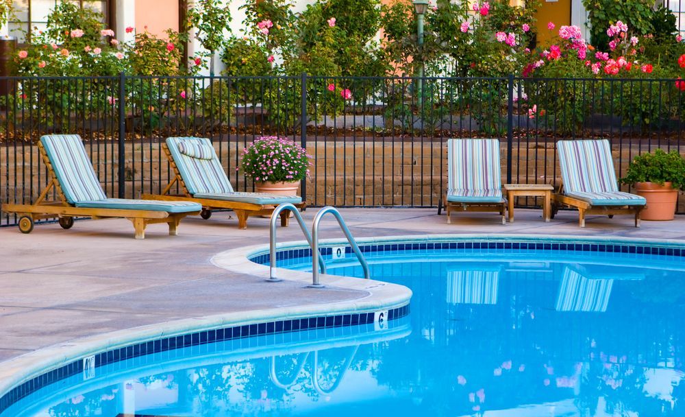 Poolside Scene With Blue Water, Lounge Chairs, and Rose Bushes Along a Black Fence — Gympie Fence Inspections in Cooroy, QLD