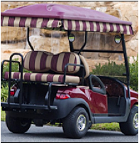 A red golf cart with a purple and white striped canopy parked on the side of the road.