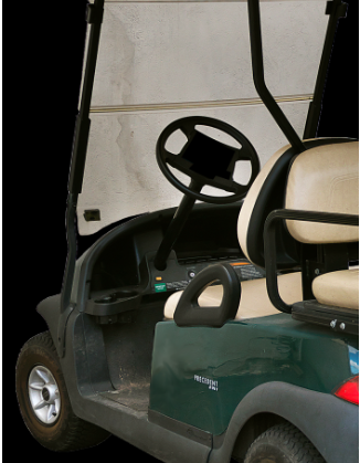 A green golf cart with a tan seat and steering wheel