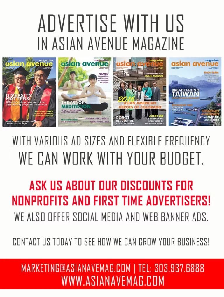 Advertisement for Asian Avenue Magazine. Offers various ad sizes, discounts, and social media ads. Contact info provided.