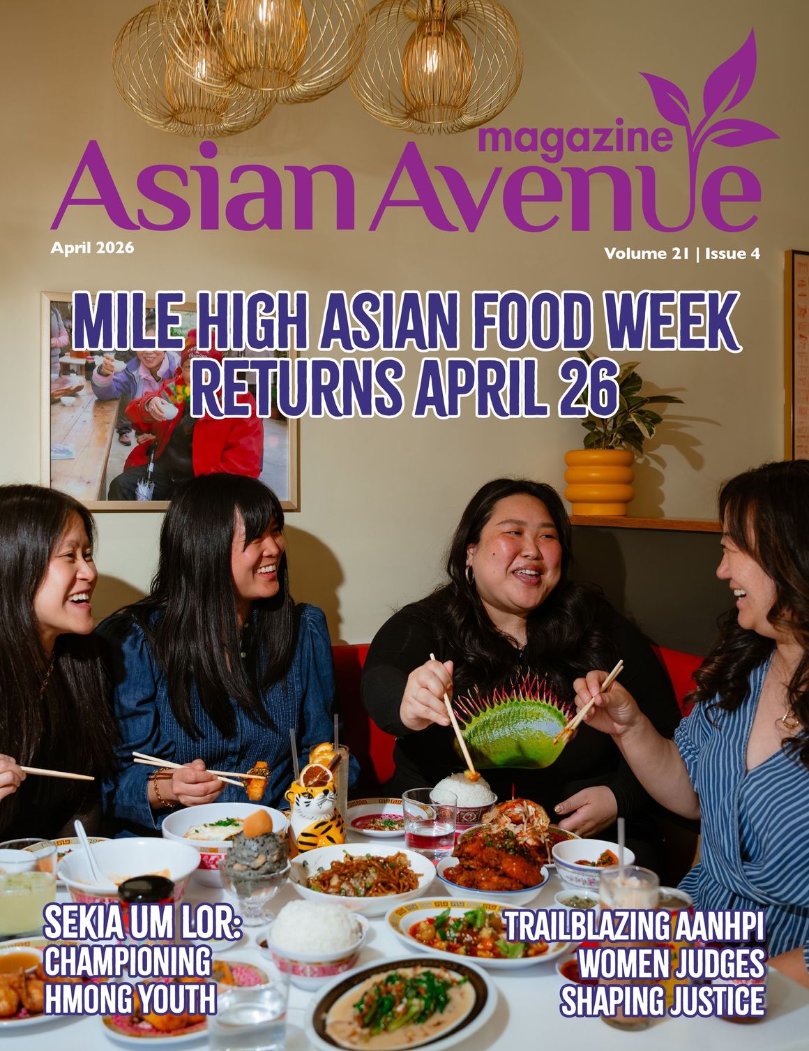 Asian Avenue magazine cover featuring four people enjoying a meal together at a table. Title: Mile High Asian Food Week.