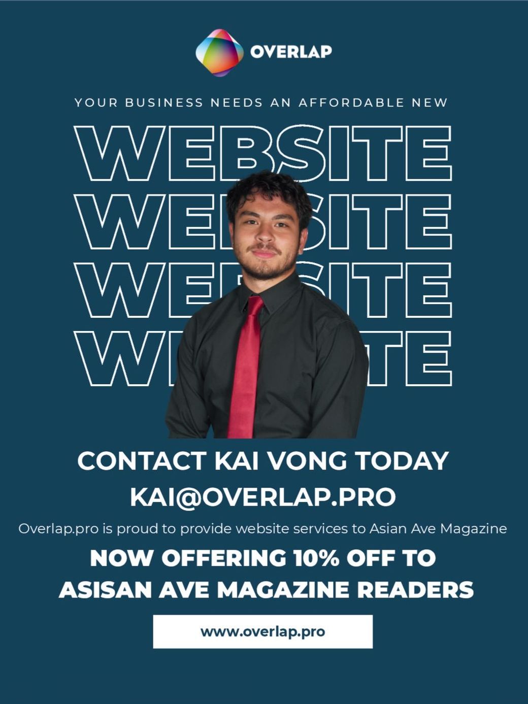 Advertisement: Man with red tie in front of website text, offering website services with a discount.