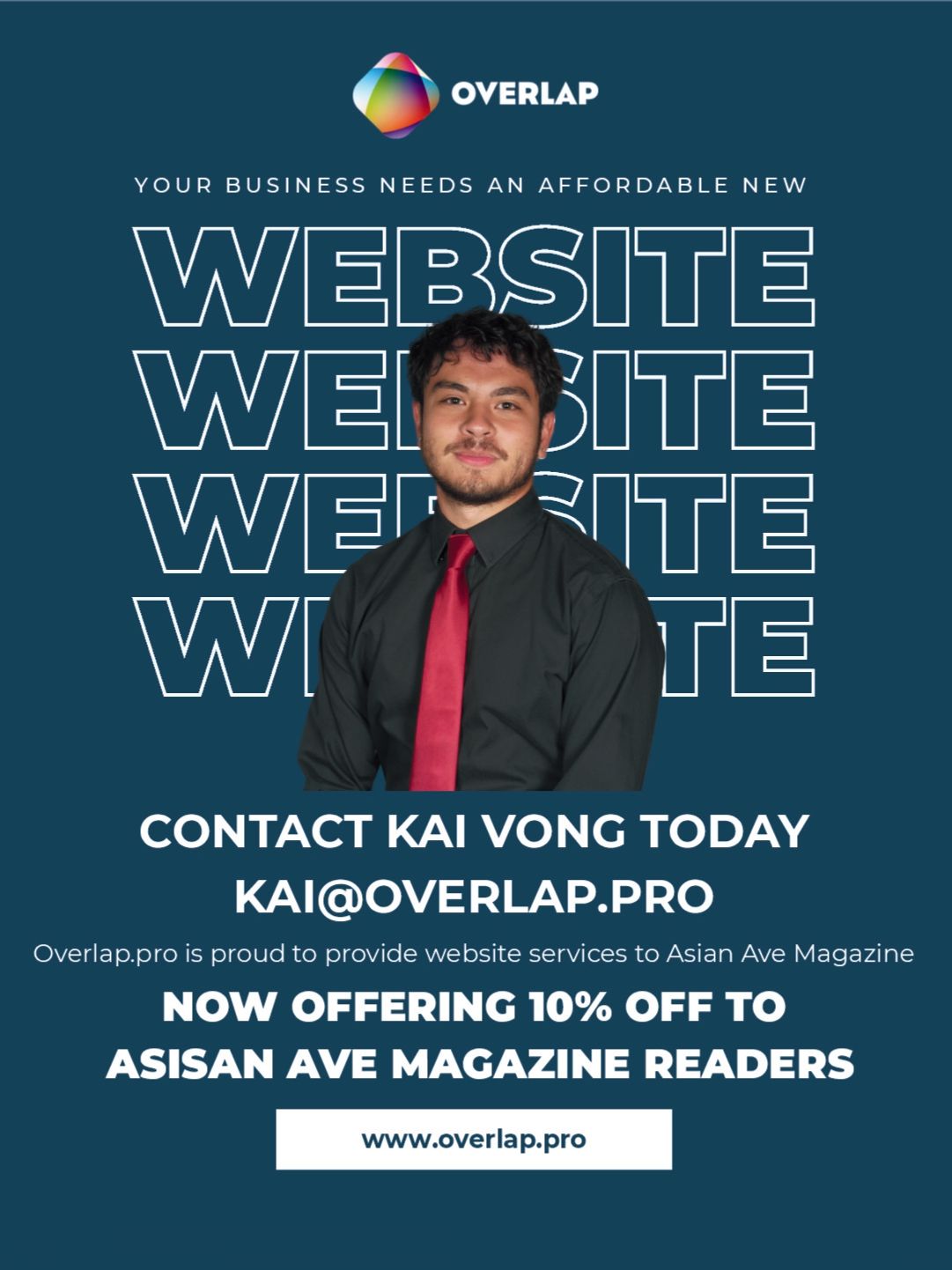 Advertisement: Man with red tie in front of website text, offering website services with a discount.