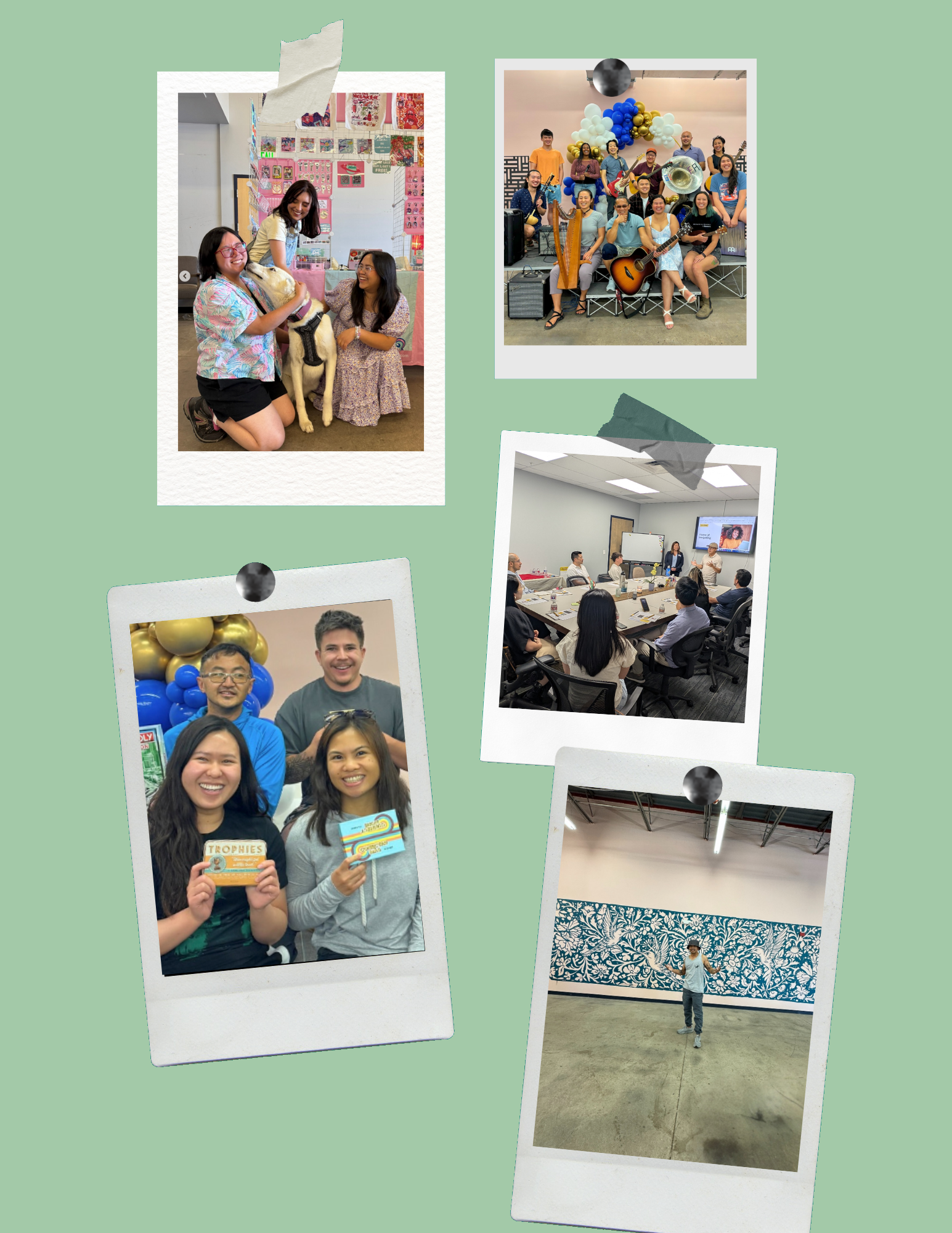 A collage of photos: People at a meeting, posing with gifts, with balloons, and with a service dog.