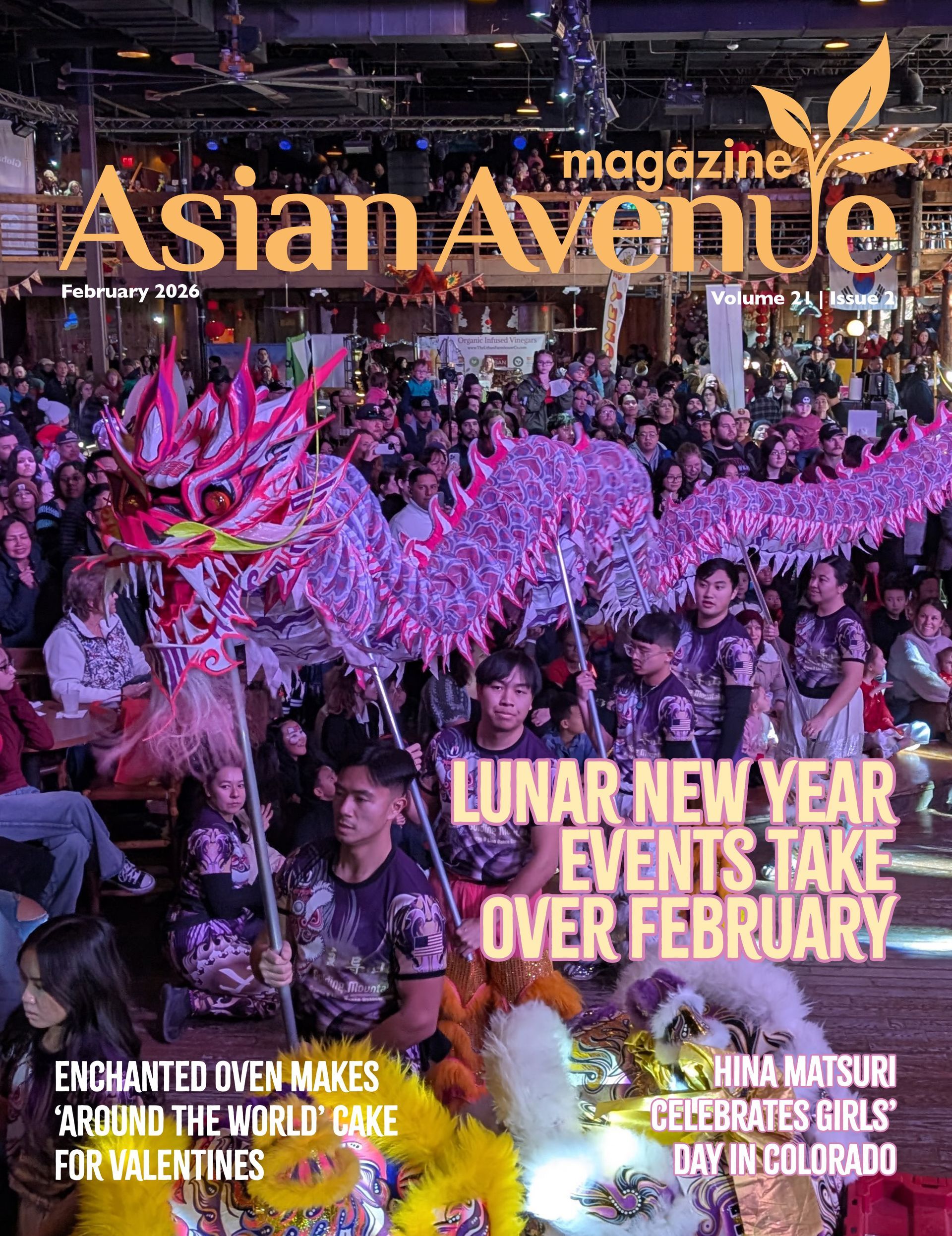 Magazine cover: Asian Avenue. Lunar New Year dragon dance event with people. Text: Lunar New Year events in February.