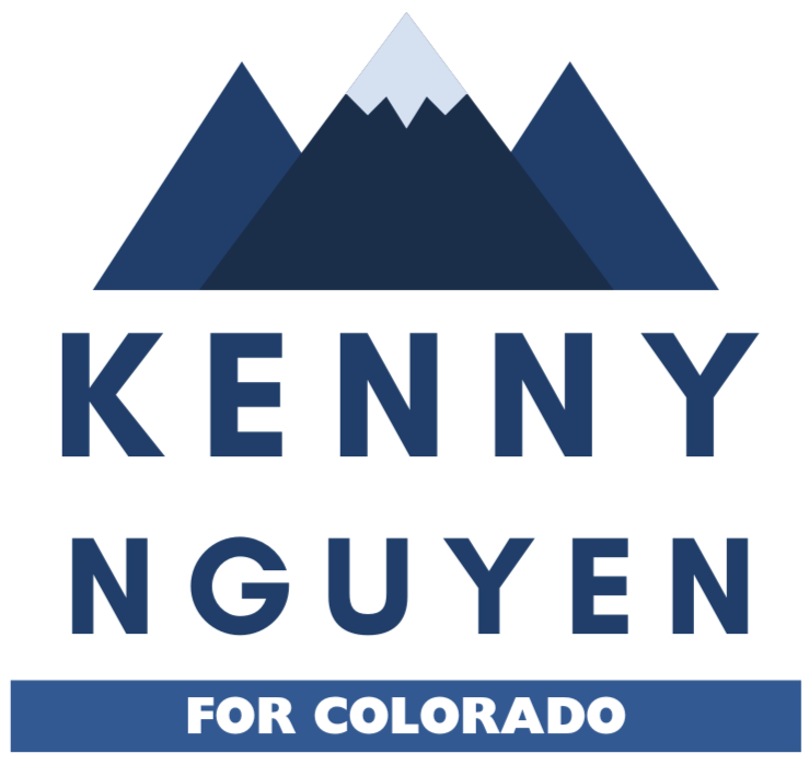 Kenny Nguyen for Colorado campaign logo with blue mountain graphic and bold navy text