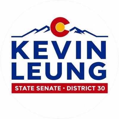 Kevin Leung campaign logo for Colorado State Senate District 30, blue and red with mountain graphic