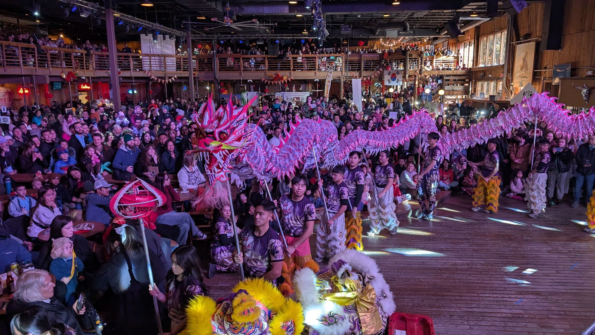 Dragon dance performance, large crowd watches in a decorated venue; the dragon is bright pink.