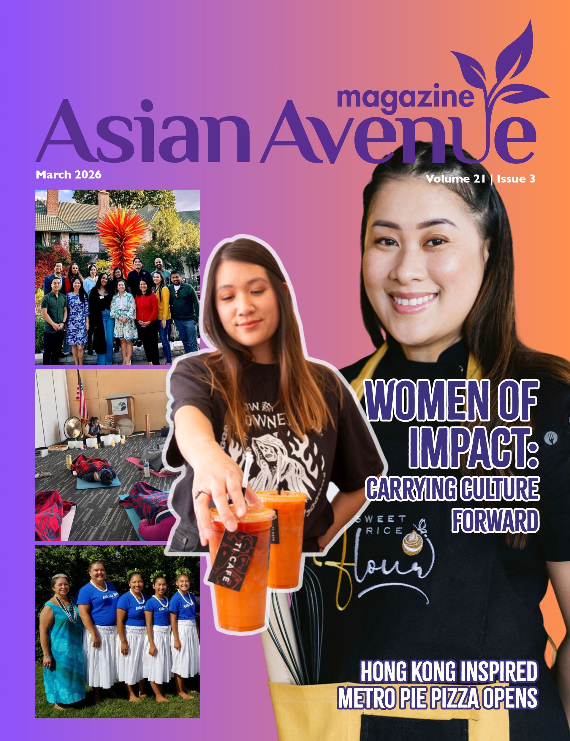 Asian Avenue Magazine cover featuring a woman presenting two drinks, smaller group photos, and the title Women of Impact.