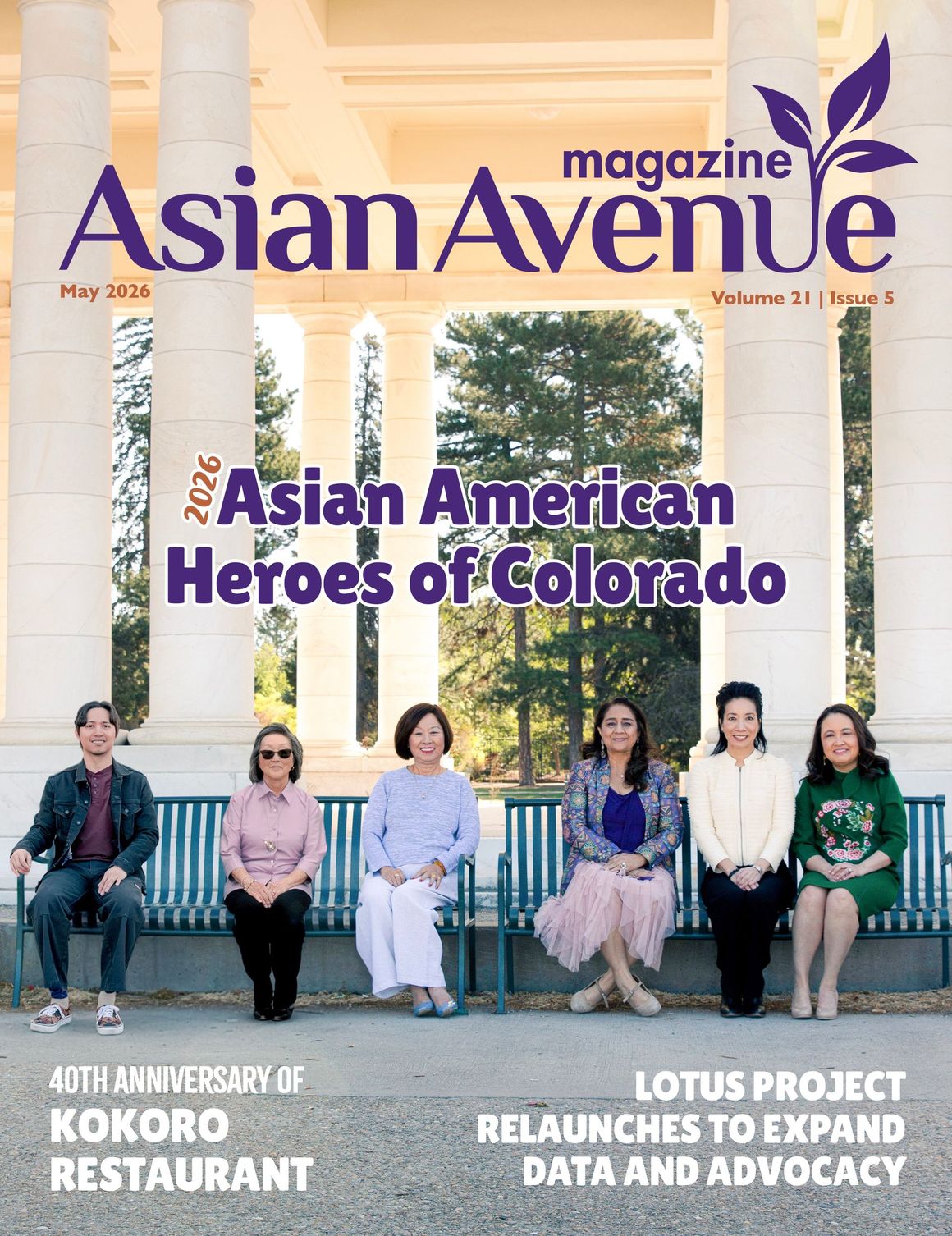 Magazine cover reading “Asian Avenue” and “Asian American Heroes of Colorado,” with six people seated outdoors.