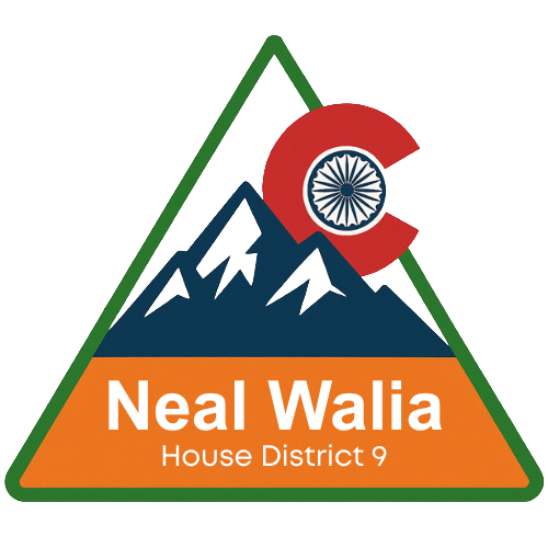 Campaign logo for Neal Walia, House District 9, with mountains and a red C-shaped emblem over a green-orange triangle