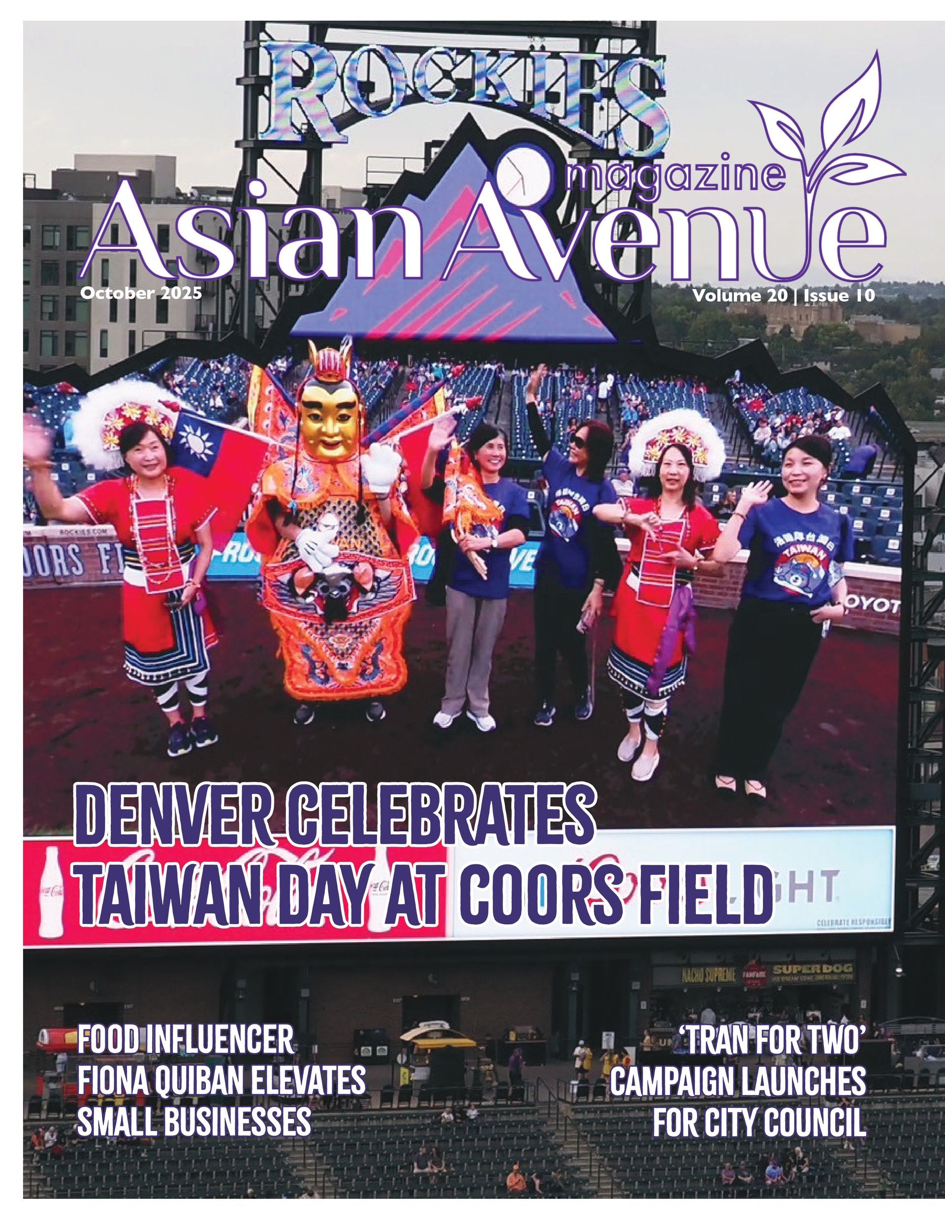Asian Avenue magazine cover: Denver Taiwan Day at Coors Field. People in costumes on a giant screen.