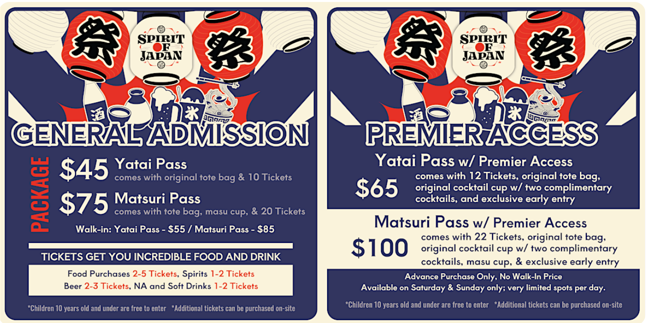 Ticket options for Spirit of Japan Festival: General Admission ($45 & $75) and Premier Access ($65 & $100).