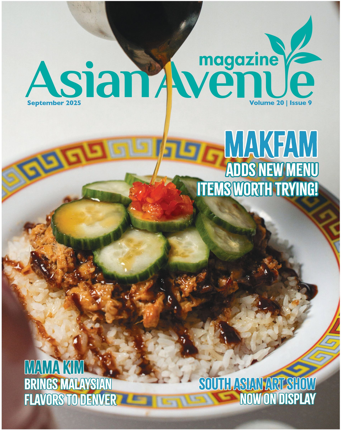 Asian Avenue magazine cover: a rice bowl topped with meat, cucumber, and sauce, being poured.
