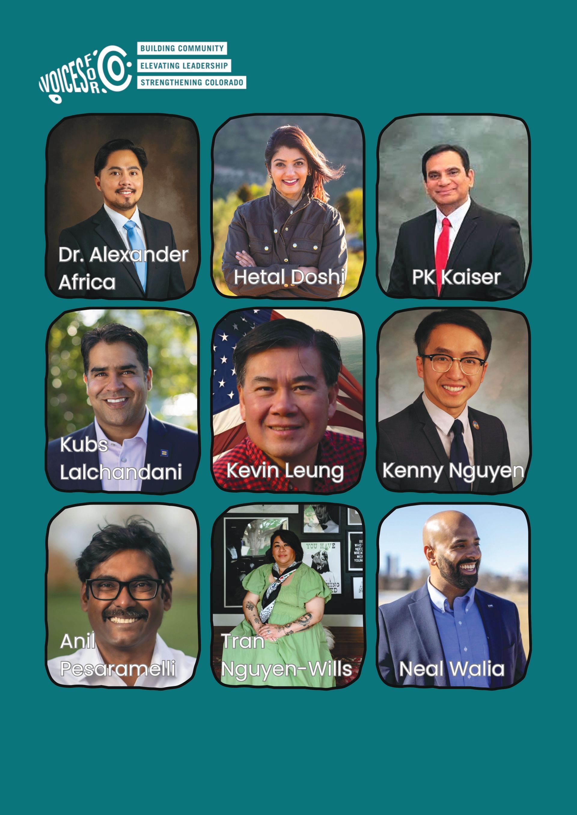 Collage of nine speaker headshots with names on a teal background.