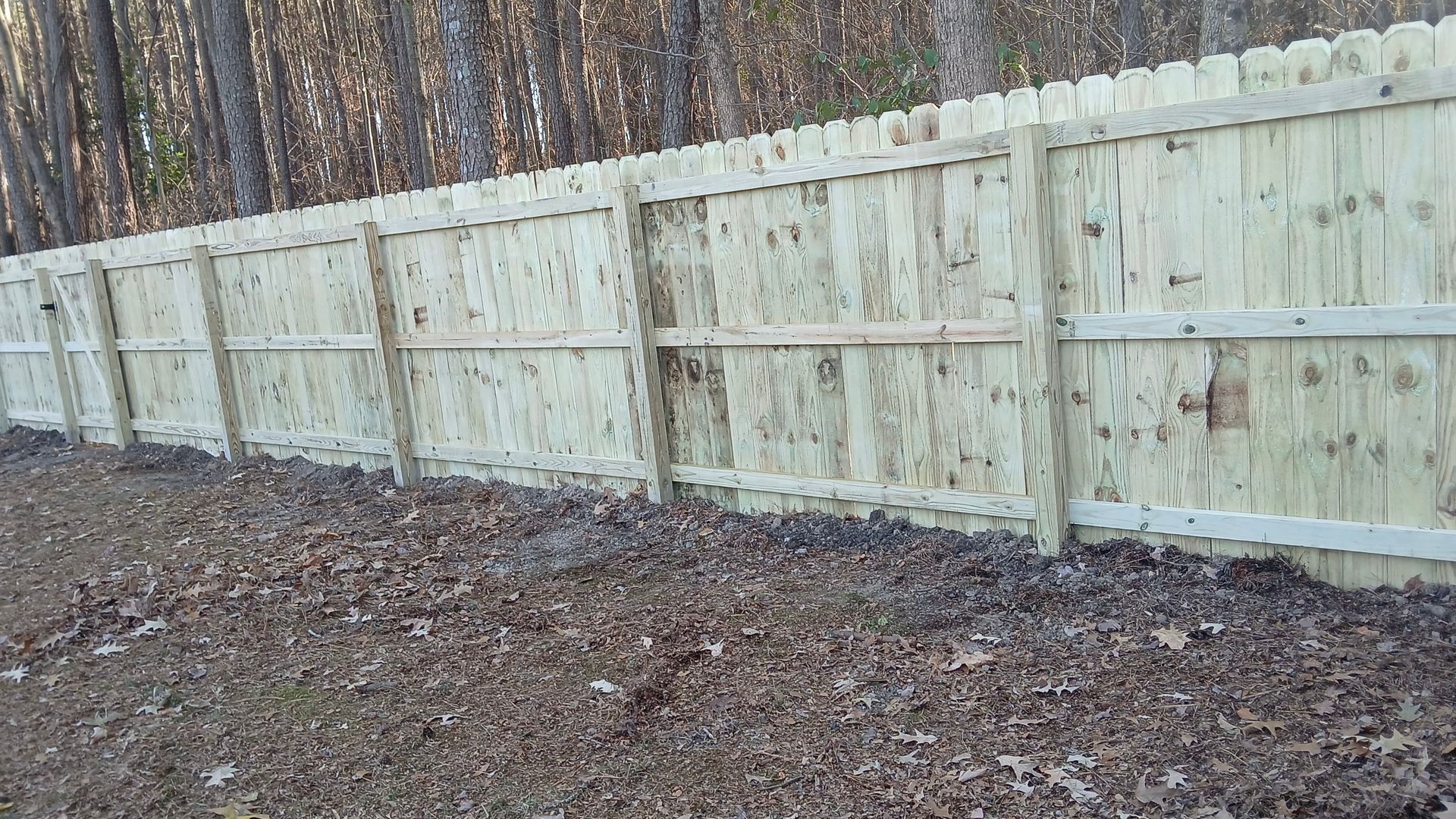 Wooden fence in front of trees, covered in leaves.