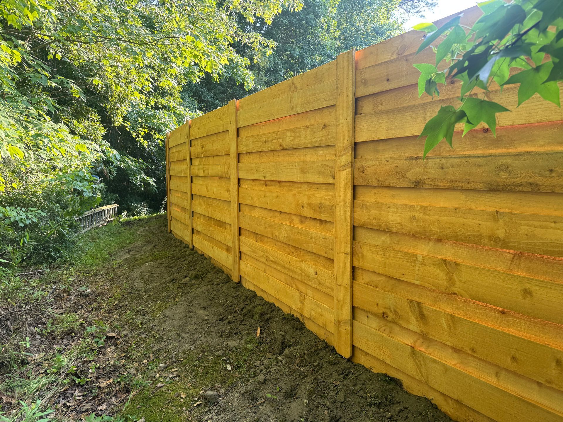 Wooden fence in a natural setting, with trees and foliage in the background. The fence appears to be freshly built.