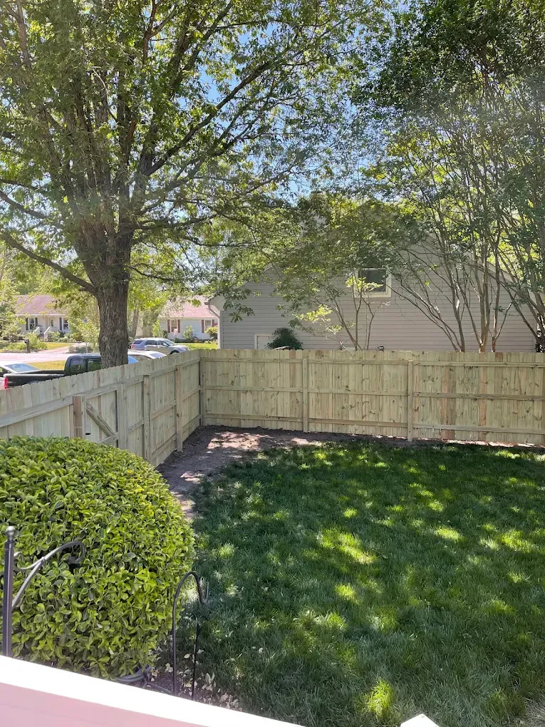 Backyard view: wooden fence encloses green lawn, a hedge in foreground, trees overhead, and houses in the distance.