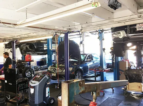 Multiple Cars Being Serviced on Lifts Inside Garage | Woodland Hills Auto Service