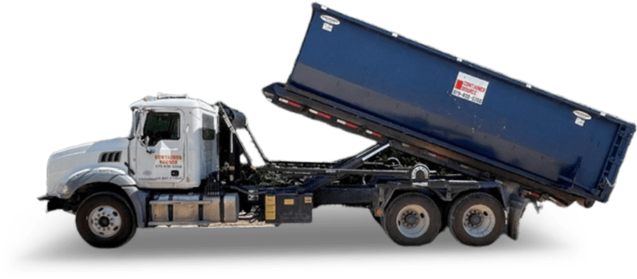 Container Source's truck with a blue Container Source dumpster attached to it.