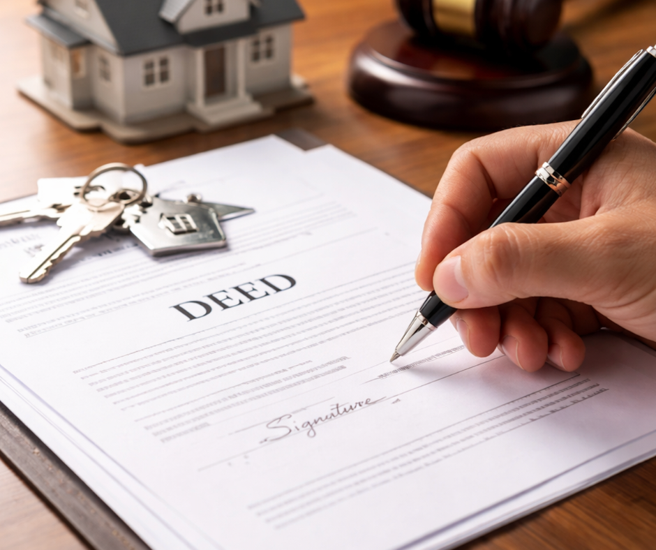 A person signs a real estate deed on a wooden desk with a house model, keys, and a gavel in the background.