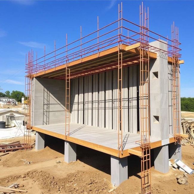 An large concrete structure with scaffolding on top of it and forming framework and panels still attached.