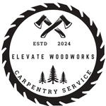 A black and white logo for elevate woodworks carpentery service.