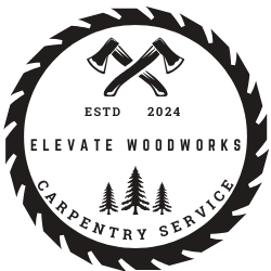 A black and white logo for elevate woodworks carpentery service.