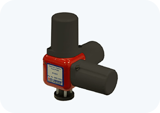 A red and black object is sitting on a white surface.