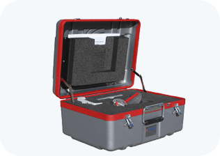 A gray and red case with a handle on a white background