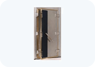A stainless steel door with a black panel and a handle on a white background.