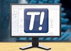 A computer monitor with the letter t on it is sitting on a wooden table.