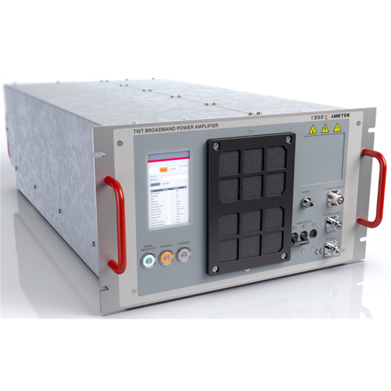 A gray box with a red handle and a screen that says ' power amplifier ' on it