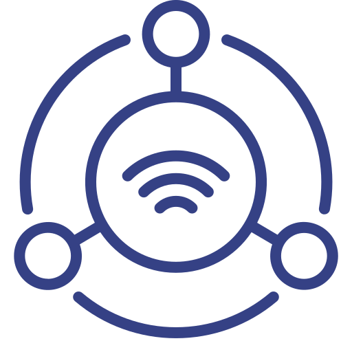 A blue icon of a wifi signal in a circle surrounded by circles.