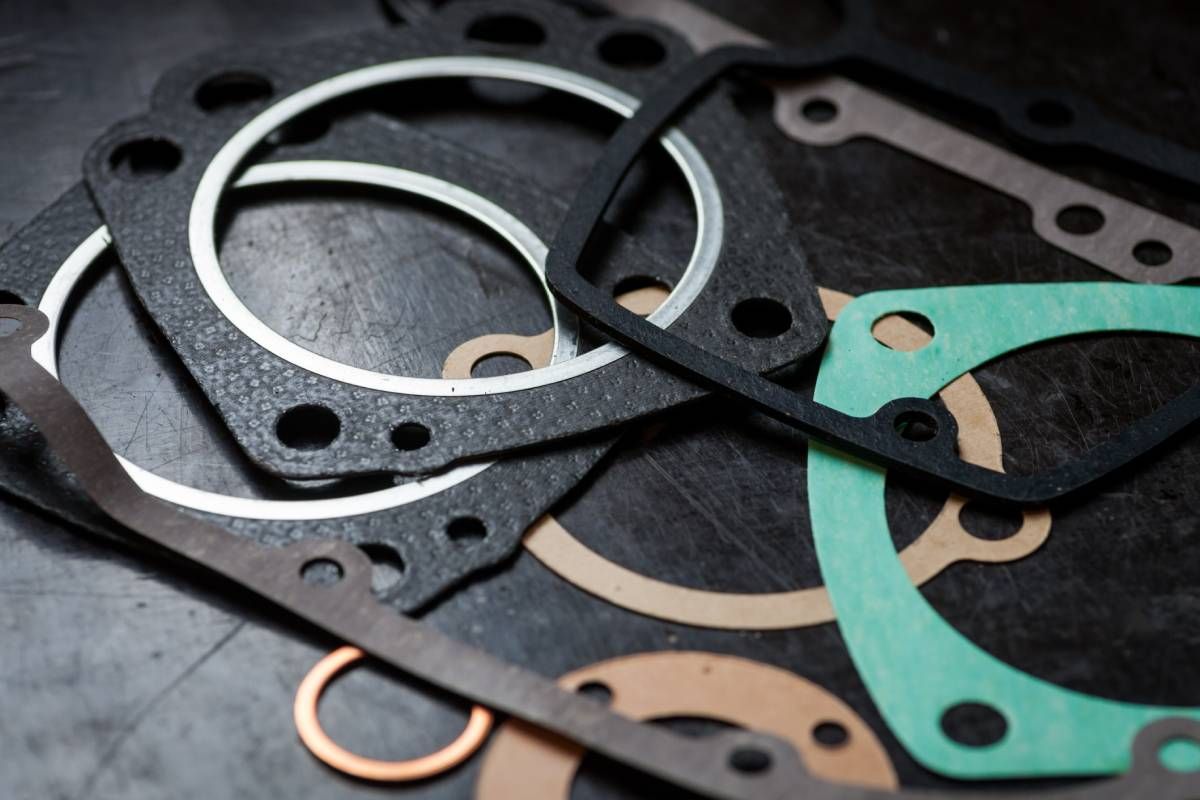 Various engine gaskets on a workbench near Cincinnati, Ohio