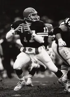 Football player in brown and white uniform, about to throw the ball.