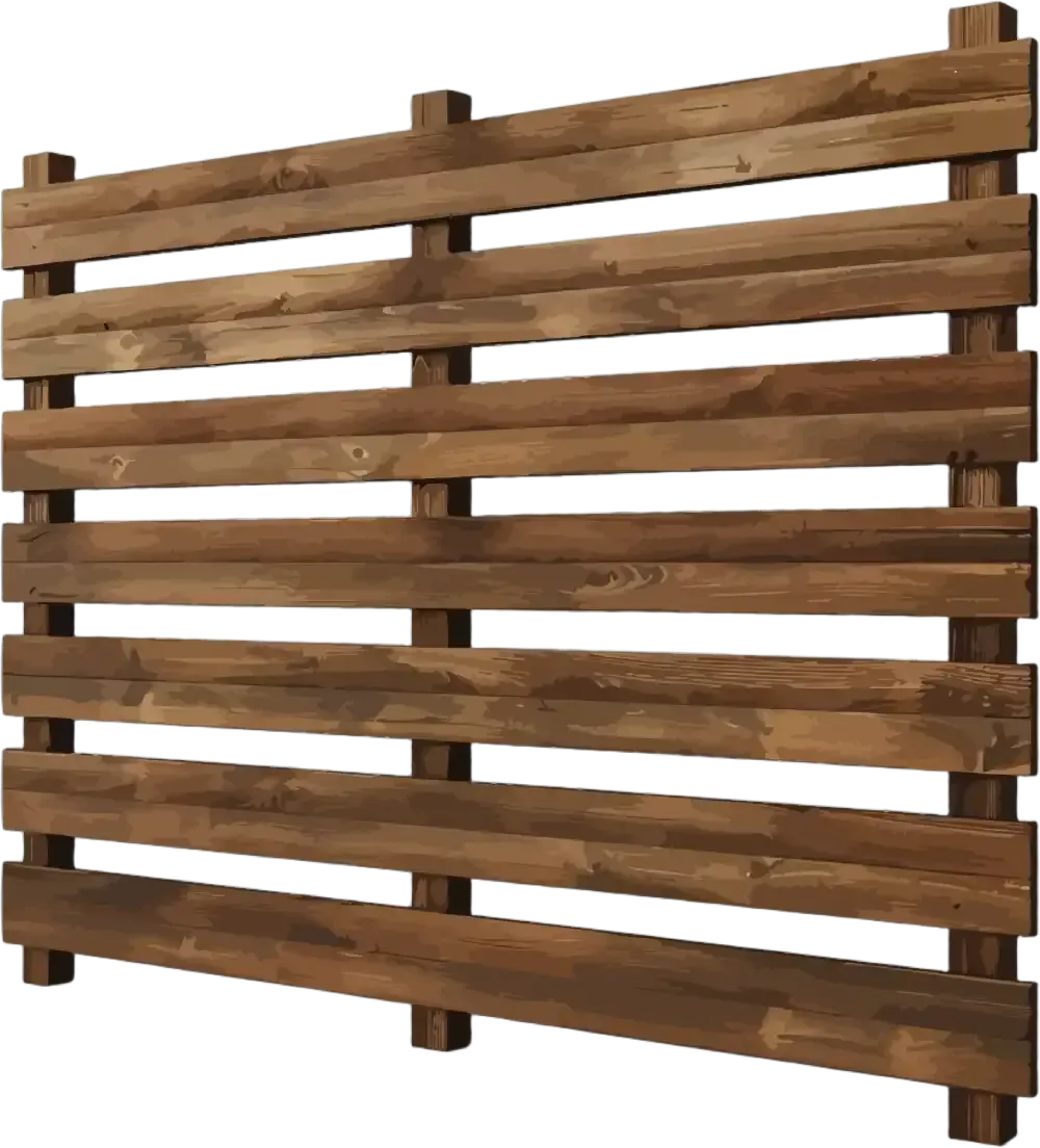 Wooden slat fence panel with horizontal brown boards on white background